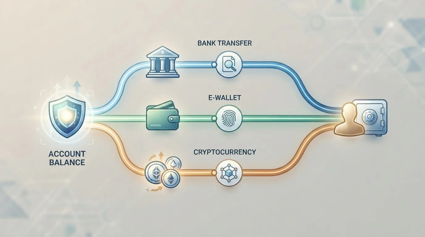 Illustration of a casino cashout flowing through bank transfer, e-wallet and cryptocurrency routes